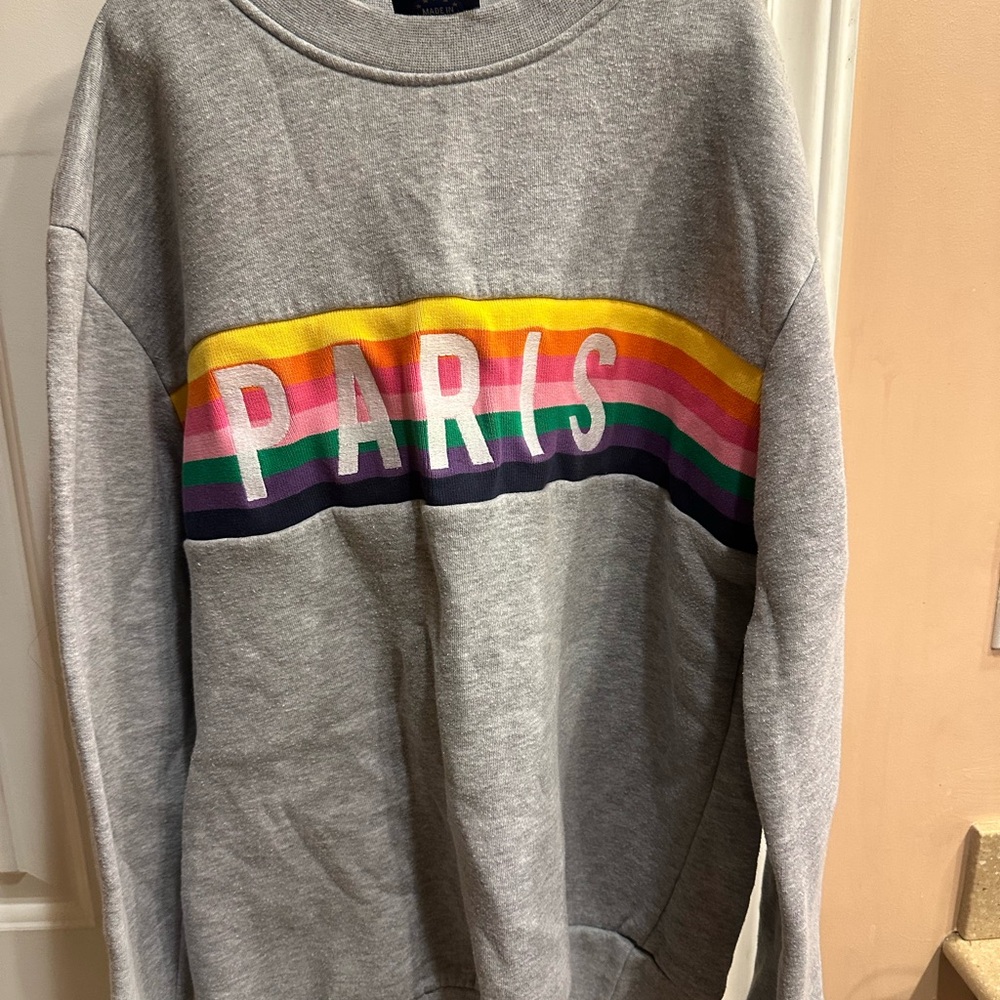 Aris Gray Paris Crewneck Sweater with Rainbow Stripes